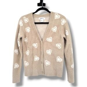 Bailey 44‎ XS Womens Cardigan Sweater Beige Heart Print Button Down Fuzzy